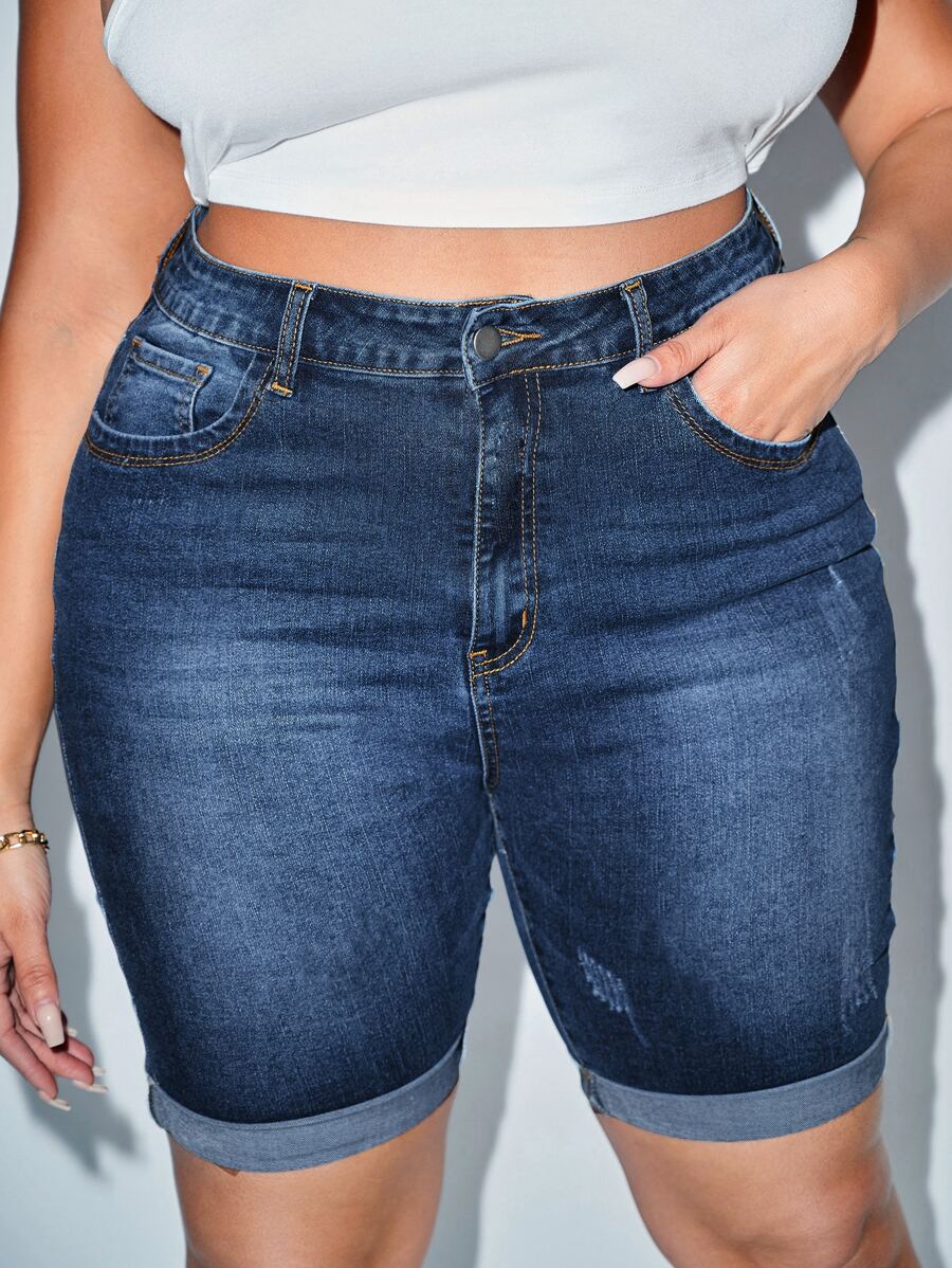 Flexra Plus Bleach Wash Roll Hem Denim Shorts - Dark Wash - View 1