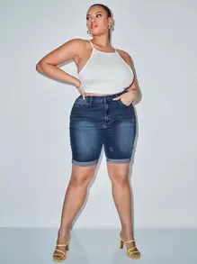 Flexra Plus Bleach Wash Roll Hem Denim Shorts - Dark Wash - View 5