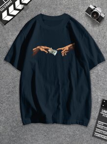 Manfinity Men Plus Dollar & Gesture Print Tee - Navy Blue - View 1