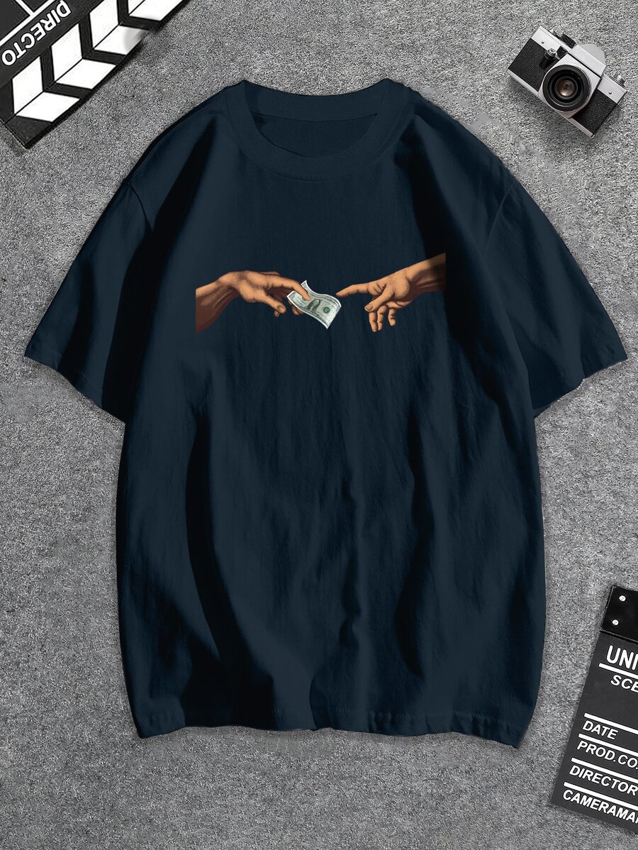 Manfinity Men Plus Dollar & Gesture Print Tee - Navy Blue - View 1