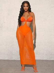 SHEIN SXY Ruched Bust Tie Backless Split Hem Panty Insert Halter Mesh Dress - Orange - View 1