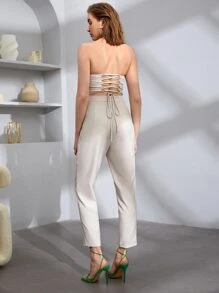 BizChic Lace Up Back Asymmetrical Tube Top & Seam Front Trousers Set - Beige - View 4