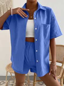 Shorts con blusa unicolor con parche de bolsillo de hombros caídos - Azul - Ver 3