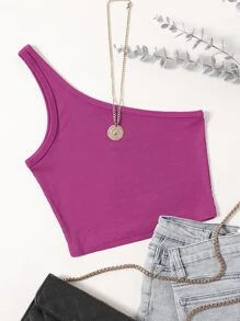 Franclia Solid Rib-Knit One Shoulder Crop Top - Hot Pink - View 1
