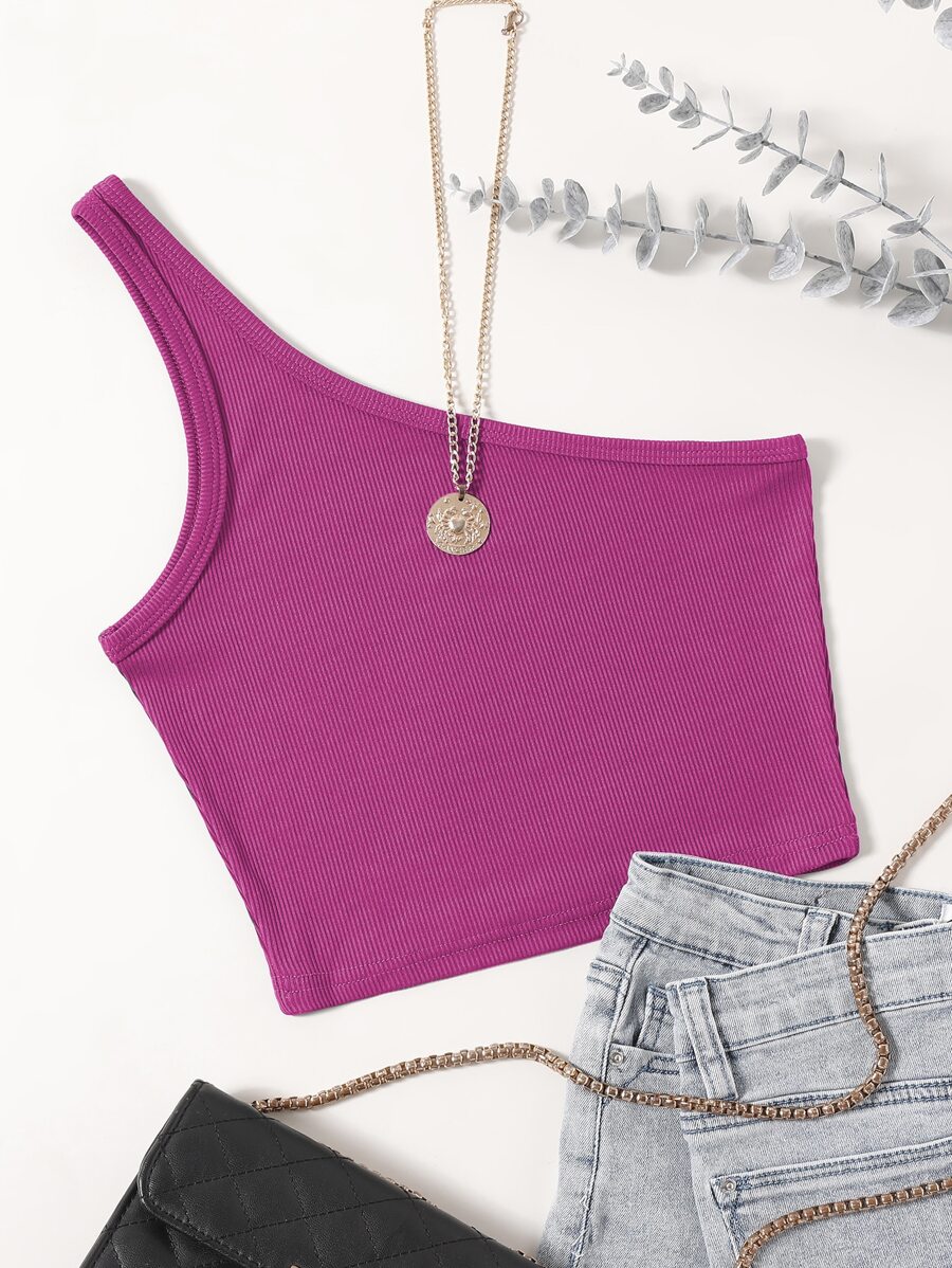 Franclia Solid Rib-Knit One Shoulder Crop Top - Hot Pink - View 1