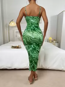 SHEIN Clasi Random All Over Print Split Back Cami Bodycon Dress - Green - View 2