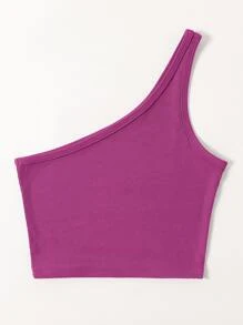 Franclia Solid Rib-Knit One Shoulder Crop Top - Hot Pink - View 2