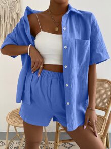Shorts con blusa unicolor con parche de bolsillo de hombros caídos - Azul - Ver 5