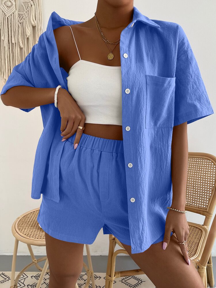 Solid Pocket Patched Drop Shoulder Blouse & Shorts - Blue - View 5