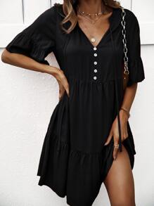 SHEIN LUNE Vestido smock con botón falso de manga con volante bajo con fruncido de cuello con cordón - Negro - Ver 1