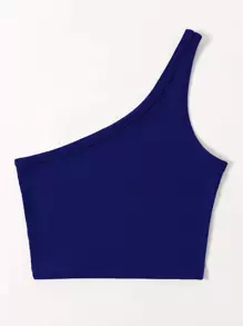 Franclia Solid Rib-Knit One Shoulder Crop  Top - Navy Blue - View 2