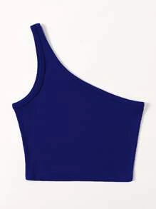 Franclia Solid Rib-Knit One Shoulder Crop  Top - Navy Blue - View 4