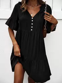 SHEIN LUNE Vestido smock con botón falso de manga con volante bajo con fruncido de cuello con cordón - Negro - Ver 3