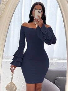 Off Shoulder Layered Sleeve Bodycon Dress - Navy Blue - View 1