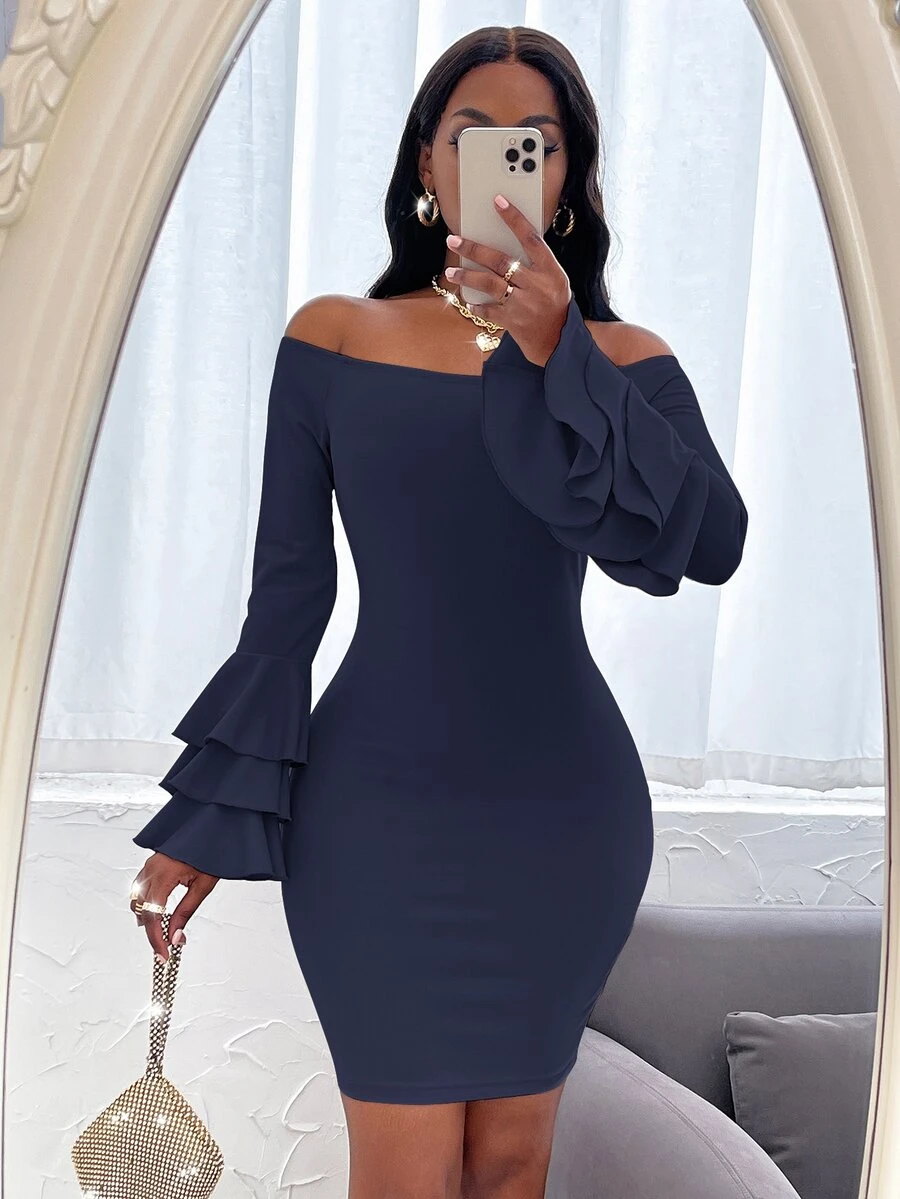 Off Shoulder Layered Sleeve Bodycon Dress - Navy Blue - View 1