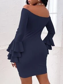 Off Shoulder Layered Sleeve Bodycon Dress - Navy Blue - View 2