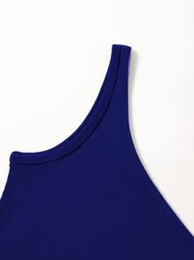 Franclia Solid Rib-Knit One Shoulder Crop  Top - Navy Blue - View 5