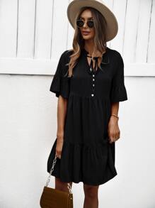 SHEIN LUNE Vestido smock con botón falso de manga con volante bajo con fruncido de cuello con cordón - Negro - Ver 5
