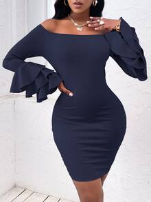 Off Shoulder Layered Sleeve Bodycon Dress - Navy Blue - View 3