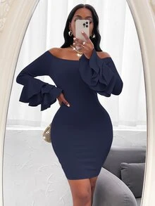 Off Shoulder Layered Sleeve Bodycon Dress - Navy Blue - View 4
