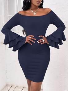 Off Shoulder Layered Sleeve Bodycon Dress - Navy Blue - View 5