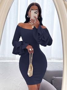 Off Shoulder Layered Sleeve Bodycon Dress - Navy Blue - View 6