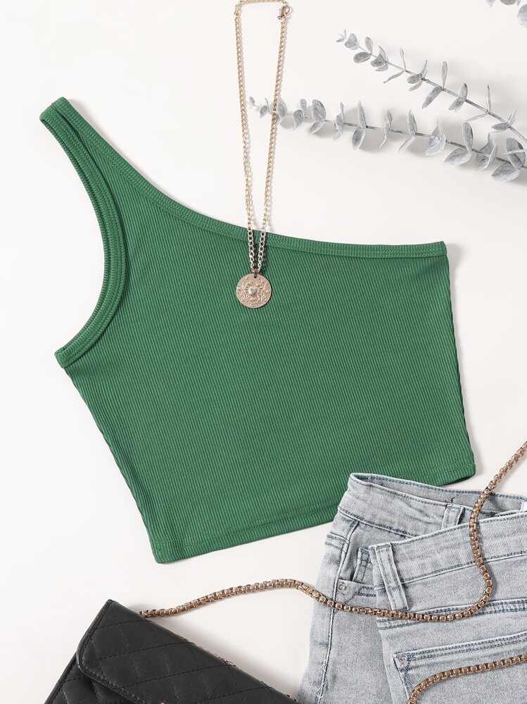 SHEIN ChicEase Solid Rib-Knit One Shoulder Crop Top - Green - View 1