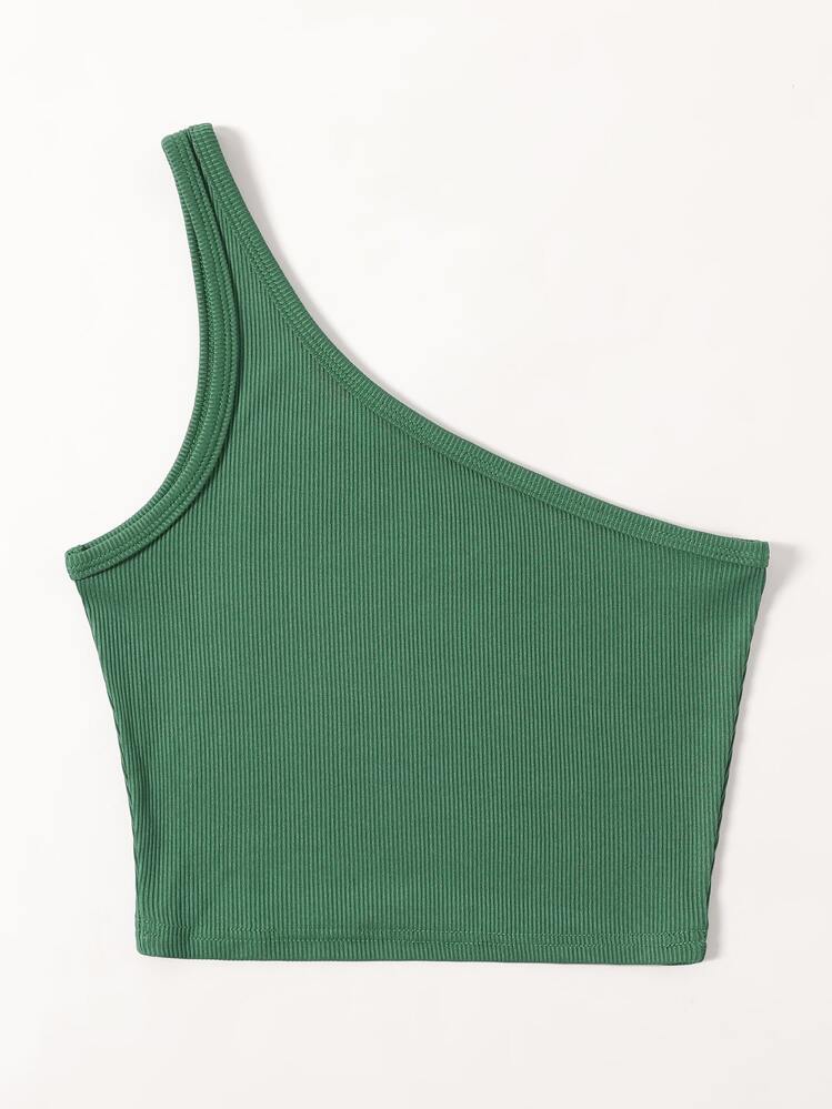 SHEIN ChicEase Solid Rib-Knit One Shoulder Crop Top - Green - View 3