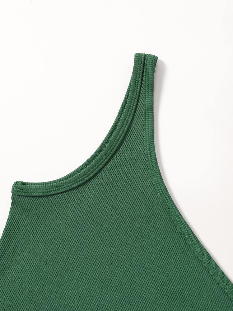 SHEIN ChicEase Solid Rib-Knit One Shoulder Crop Top - Green - View 4