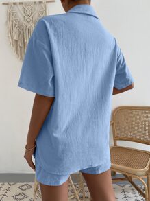 SHEIN Unity 素色口袋貼布落肩袖襯衫和短褲 - 淺藍色 - 查看 2