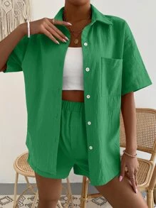 Shorts con blusa unicolor con parche de bolsillo de hombros caídos - Verde - Ver 3