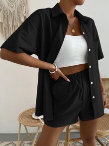 Shorts con blusa unicolor con parche de bolsillo de hombros caídos - Negro - Ver 1