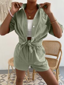 Shorts con blusa unicolor con parche de bolsillo de hombros caídos - verde menta - Ver 3