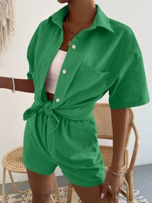 Shorts con blusa unicolor con parche de bolsillo de hombros caídos - Verde - Ver 6