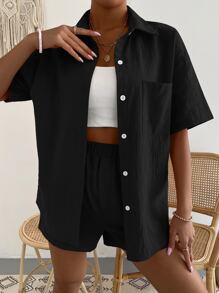 Shorts con blusa unicolor con parche de bolsillo de hombros caídos - Negro - Ver 3