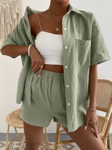 Shorts con blusa unicolor con parche de bolsillo de hombros caídos - verde menta - Ver 4
