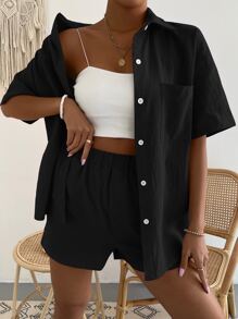 Shorts con blusa unicolor con parche de bolsillo de hombros caídos - Negro - Ver 4