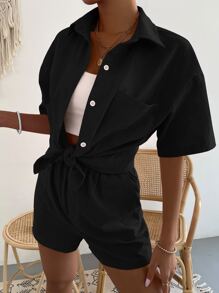 Shorts con blusa unicolor con parche de bolsillo de hombros caídos - Negro - Ver 6
