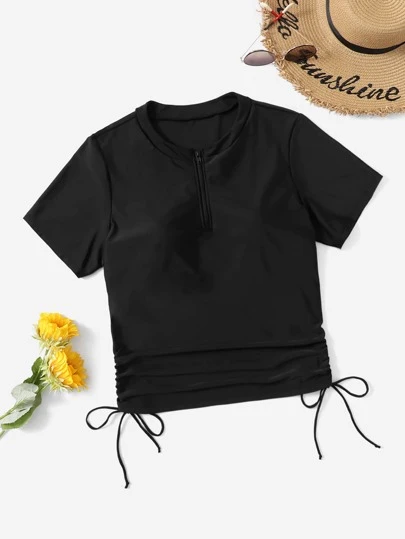 Swim Basics Summer Beach Plus Short Sleeve Drawstring Side One-Quarter Zipper Front High Neck Tankini Top