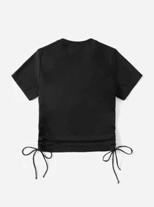 Swim Basics Summer Beach Plus Short Sleeve Drawstring Side One-Quarter Zipper Front High Neck Tankini Top