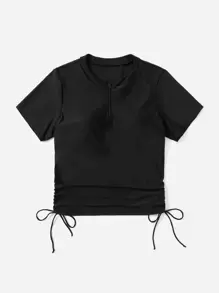 Swim Basics Summer Beach Plus Short Sleeve Drawstring Side One-Quarter Zipper Front High Neck Tankini Top