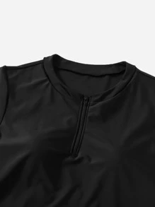 Swim Basics Summer Beach Plus Short Sleeve Drawstring Side One-Quarter Zipper Front High Neck Tankini Top