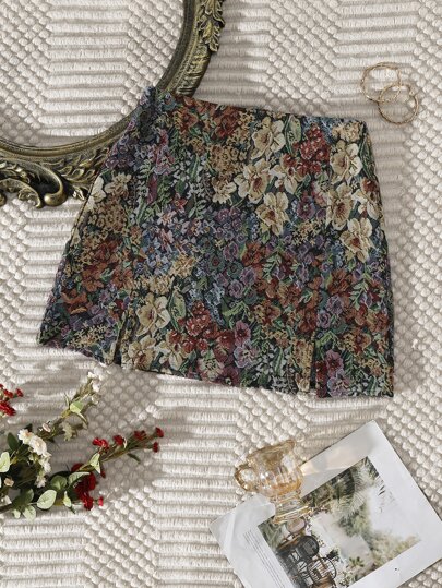 Jupe fendu fleuri en jacquard
