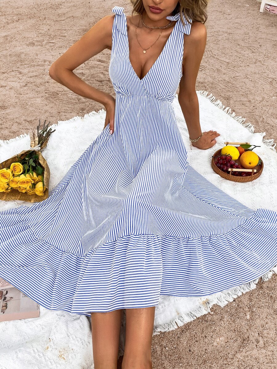 Striped Plunge Neck Ruffle Hem Dress - Blue and White - View 1
