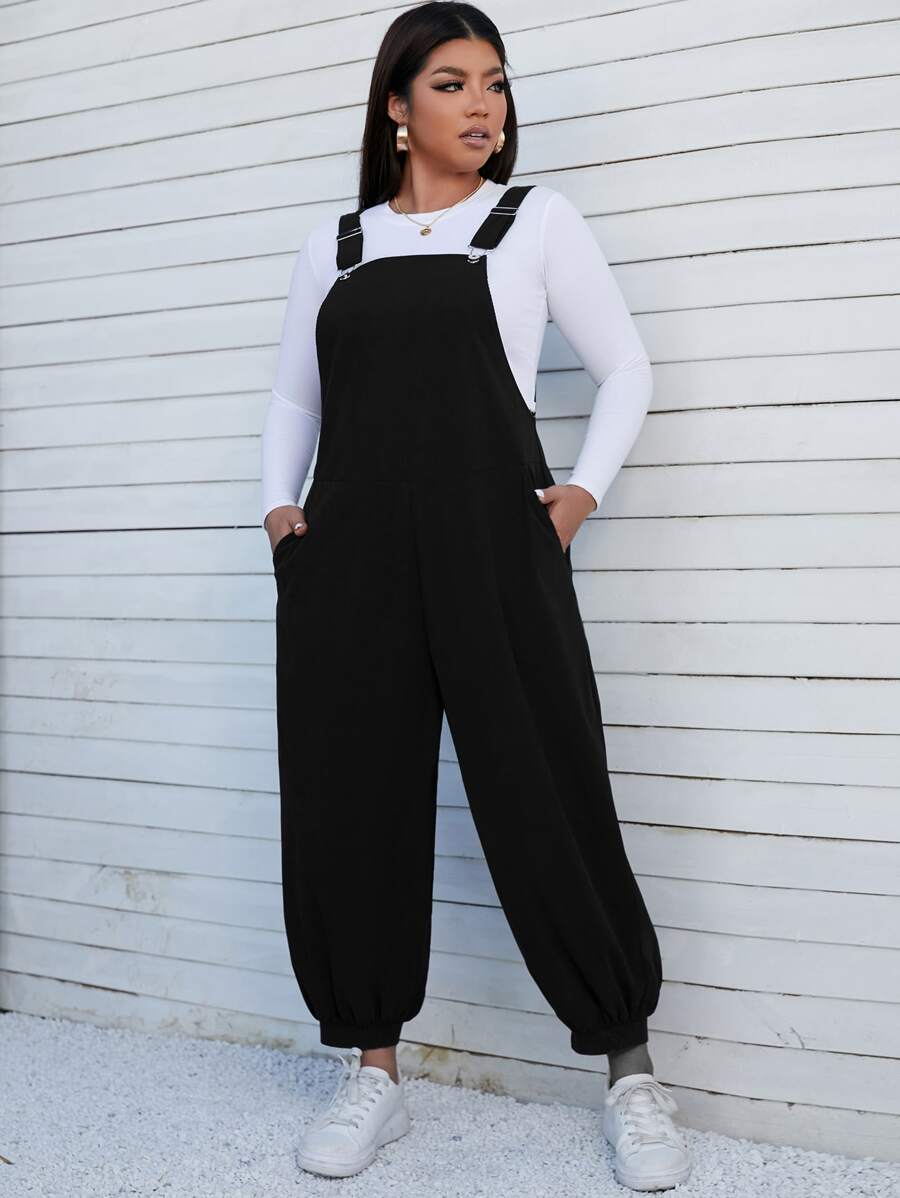 SHEIN EZwear Plus Slant Pocket Overalls Without Tee - Black - View 1