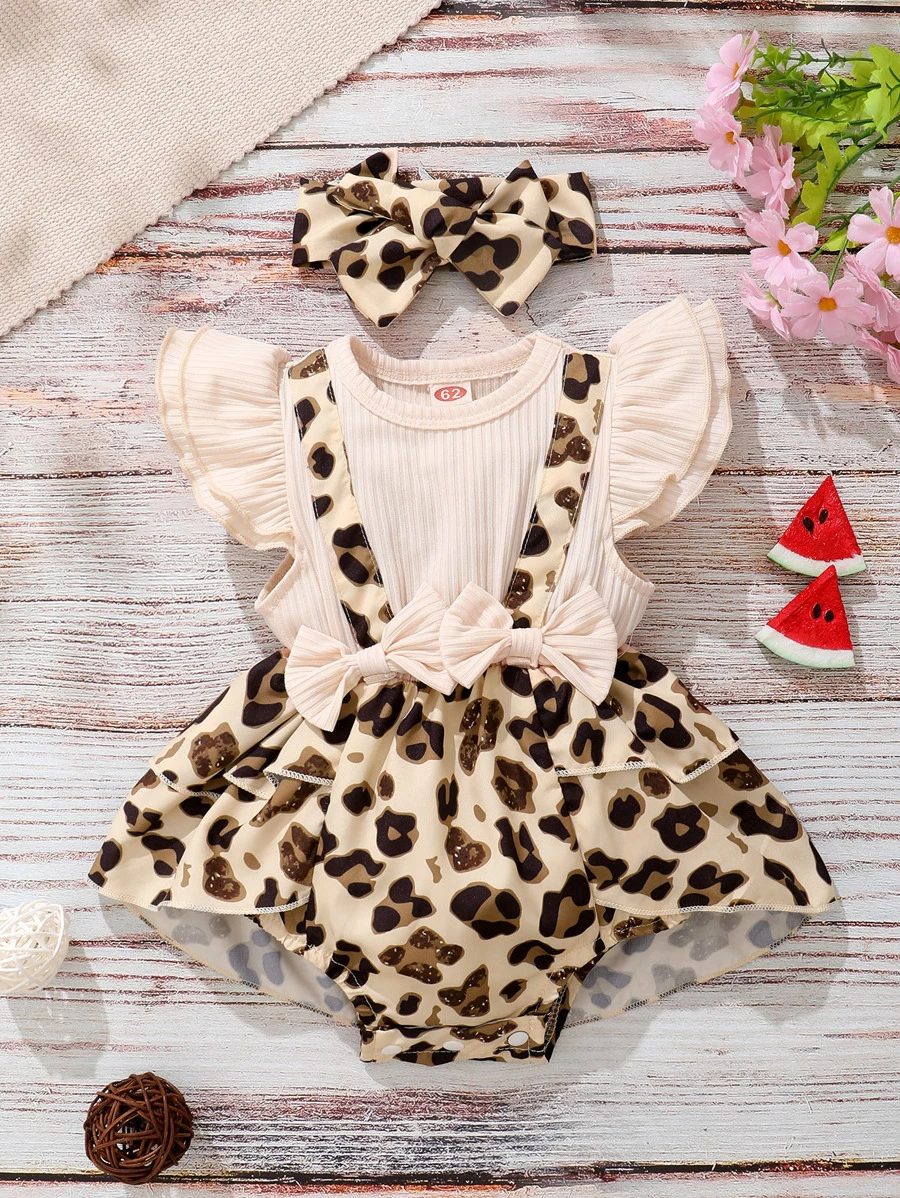 SHEIN Baby 2 In 1 Leopard Bow Front Bodysuit With Headband