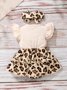 SHEIN Baby 2 In 1 Leopard Bow Front Bodysuit With Headband
