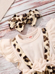SHEIN Baby 2 In 1 Leopard Bow Front Bodysuit With Headband
