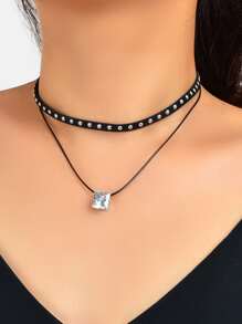 1入組精美鉚釘裝飾方晶鋯石吊墜多層次項鍊適合女士日常裝飾 - 黑色 - 查看 1