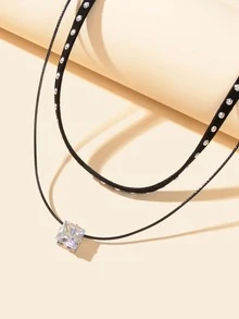 1入組精美鉚釘裝飾方晶鋯石吊墜多層次項鍊適合女士日常裝飾 - 黑色 - 查看 2